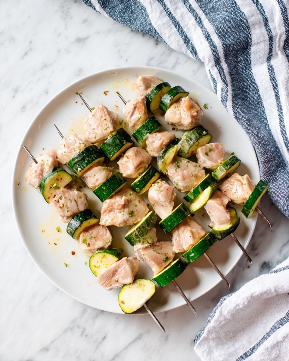 The image shows four metal skewers with chunks of light pink marinated chicken and bright green zucchini slices arranged on a round white plate. Each skewer has a repeating pattern: a piece of chicken, a slice of zucchini, another chicken piece, another zucchini slice, and finishes with chicken. The zucchini slices are fresh and glossy with a firm texture, and the chicken pieces are smooth and coated in a slightly shiny marinade. The plate is set on a white marbled surface next to a blue and white striped cloth. A woman's hand is not visible but suggested by the placement. Photo taken with an iphone --ar 4:5 --v 7