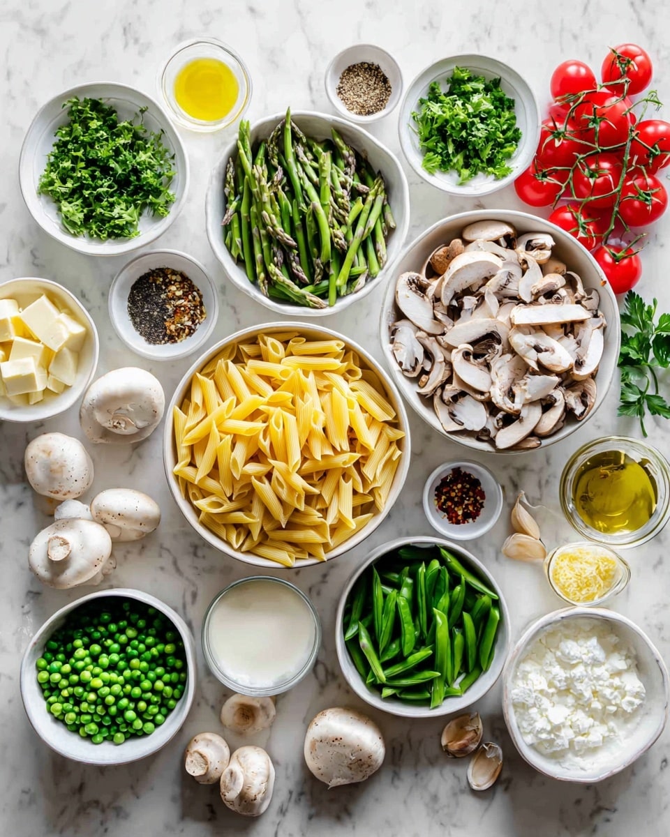 The image shows a top view of many white bowls and plates arranged on a white marbled surface, each holding different fresh ingredients. In the center is a large white bowl filled with raw yellow penne pasta. Surrounding it are smaller white bowls with bright green chopped asparagus on the left, green peas, chopped parsley, and green beans on the right. Sliced white mushrooms fill a large white bowl on the upper right. There are also whole cherry tomatoes on the vine near the center and scattered around, a small bowl with white butter cubes, a bowl with white grated cheese, a glass of white cream, and small dishes with olive oil, black pepper, minced garlic, chili flakes, and lemon zest. A few garlic cloves and whole mushrooms are placed on the marble surface too. Photo taken with an iphone --ar 4:5 --v 7