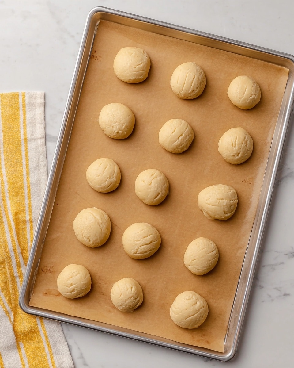 The image shows twelve evenly spaced round dough balls placed on a sheet of brown parchment paper, which is laid on a silver baking tray. Each dough ball is light beige with a slightly shiny, smooth, and slightly bumpy texture, indicating they are ready to be baked. The tray is positioned on a white marbled surface, and the bottom left corner has a yellow and white striped cloth partially visible. Photo taken with an iphone --ar 4:5 --v 7