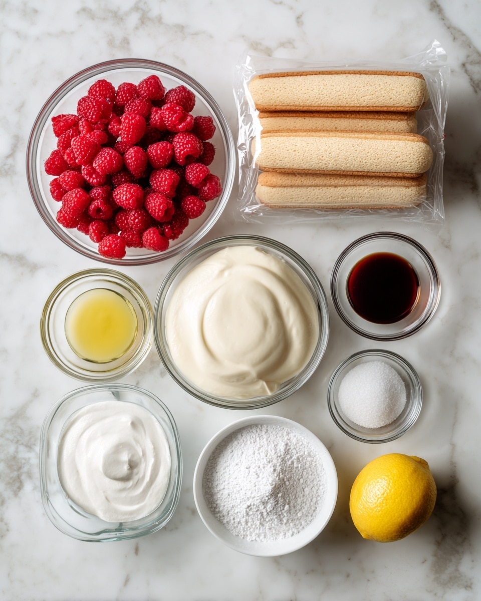The image shows ingredients for a dessert placed on a white marbled texture. On the top left is a clear bowl filled with bright red raspberries. To the right, a clear packaged stack of light brown ladyfingers (savoiardi) lies flat. Below the raspberries is a white bowl full of smooth, creamy mascarpone cheese with a soft texture. To its right is a small clear bowl with dark brown vanilla extract. Next to it is a small white bowl holding white granulated sugar. Below that, a another small clear bowl has white cornstarch. Next to it, a clear bowl holds a bright yellow lemon. On the bottom left, a rectangular clear container filled with white heavy cream sits. Lastly, a white bowl with a fine heap of white powdered sugar is on the lower right. The image is bright and neatly arranged with labels identifying each ingredient. Photo taken with an iphone --ar 4:5 --v 7