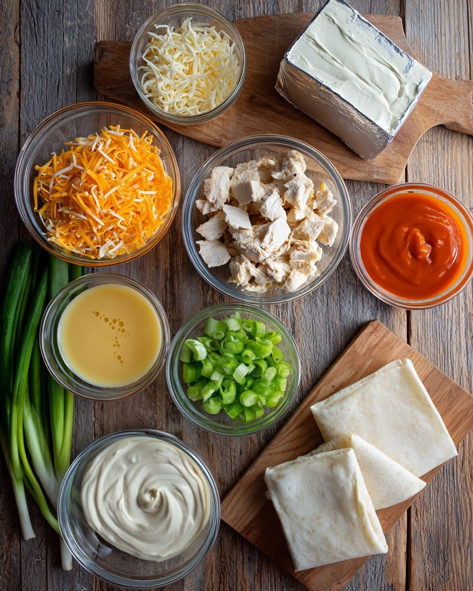 A top view of several small clear glass bowls placed on a wooden surface, each containing different ingredients: shredded light yellow pepper jack cheese in one bowl, small pieces of light cooked chicken in another, orange shredded cheddar cheese, green celery pieces, bright orange buffalo sauce, and pale creamy ranch sauce. A small glass bowl filled with melted yellow butter sits next to fresh green onions on the wooden surface. A block of cream cheese wrapped in foil is also present. Two square off-white egg roll wrappers rest on a small wooden cutting board. All ingredients are neatly arranged and clearly visible, photo taken with an iphone --ar 4:5 --v 7