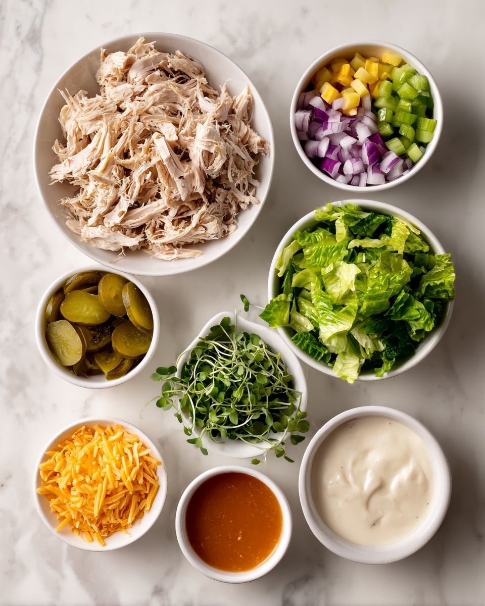 The image shows seven small white bowls on a white marbled surface, each with different ingredients. The largest bowl in the top center has shredded chicken, light beige with some browned bits, and a stringy texture. To the right is a medium bowl of chopped romaine lettuce, dark and light green with a leafy texture. Above it is a smaller bowl with diced red and green onions and yellow pickles, showing purple, green, and yellow colors in small cubes. Below the chicken bowl, there is a small bowl of microgreens, mainly dark green with thin light stems. To the bottom left is a small spoon of shredded orange cheese with thin, uneven strips. Next to it is a small bowl with bright orange buffalo sauce mixed with butter, smooth and glossy. At the bottom right, a bowl holds thick ranch dressing with white creamy texture and small green herbs visible. photo taken with an iphone --ar 4:5 --v 7