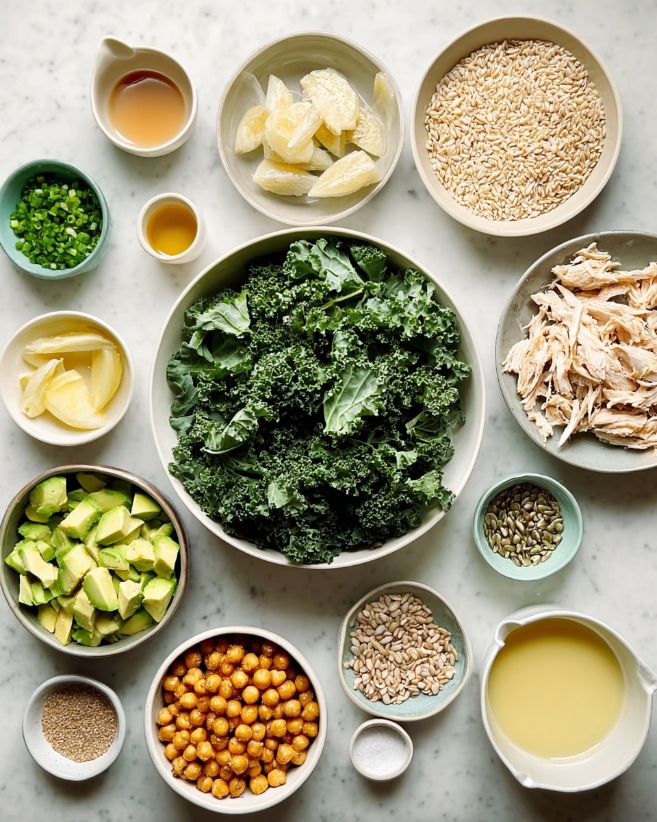 The image shows a top-down view of many small bowls on a white marbled surface. At the center bottom is a large bowl full of fresh green kale leaves with rough textures. To the right is a bowl with cooked light brown rice grains, and above that is a bowl of shredded light beige chicken pieces. Around these are smaller bowls: one with creamy yellow garlic cloves, another with chopped green chives, a bowl with chunks of light green avocado, and a bowl full of crispy golden-brown chickpeas. There are also small containers holding light brown tahini sauce, golden honey, light yellow oil, sunflower seeds, white salt, yellow powder spice, and a cup with a light yellow liquid. The bowls are mostly white, adding a clean look to the colorful ingredients, and everything is neatly arranged. photo taken with an iphone --ar 4:5 --v 7