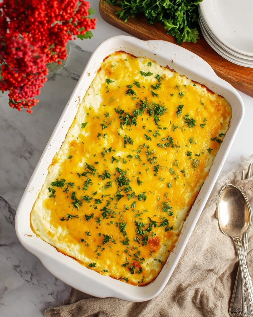 A white rectangular baking dish holds a baked casserole with two main layers: a smooth white base layer topped by a golden yellow melted cheese layer that covers the entire surface. Fresh green chopped parsley is spread evenly on top, adding color contrast. The edges of the casserole show slight browning. The dish sits on a white marbled surface next to a wooden board with fresh parsley, a stack of white plates, a silver serving fork, and a beige cloth. A bright red flower arrangement is visible in the top part of the image. Photo taken with an iphone --ar 4:5 --v 7