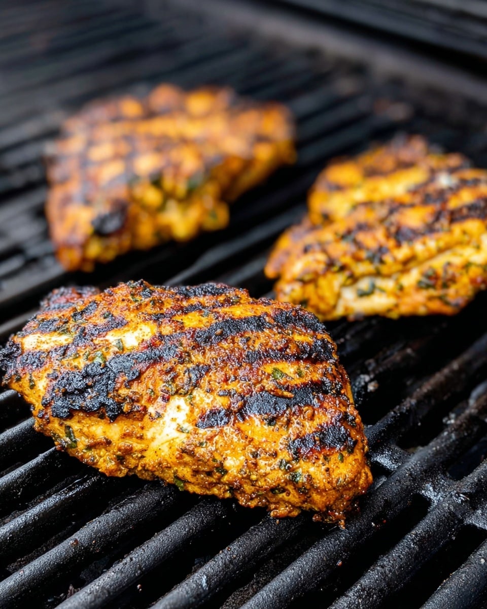 Three grilled chicken pieces are shown on a black grill with thick bars, each piece having a mix of golden-brown and black char marks. The chicken has a slightly rough texture with visible spices and herbs, giving it a seasoned look. The pieces vary in size and are positioned at different angles, with the largest piece on the right side and the other two closer together on the left. The background is blurred to focus on the chicken, and the grill bars run horizontally across the image. photo taken with an iphone --ar 4:5 --v 7