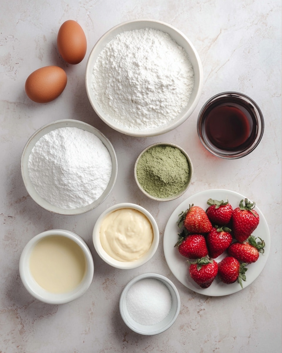 A collection of baking ingredients arranged on a white marbled texture surface, including two brown eggs on the left, a large white bowl filled with white powdered sugar near the top center, a smaller white bowl with green powder in the middle, and a glass with a dark brown liquid to the right. Below these are a bowl of white granulated sugar, a cup with light cream, a bowl with pale yellow cream or custard, and a small white bowl with white powder, possibly baking soda. To the bottom right is a white plate holding six fresh red strawberries with green leaves. photo taken with an iphone --ar 4:5 --v 7