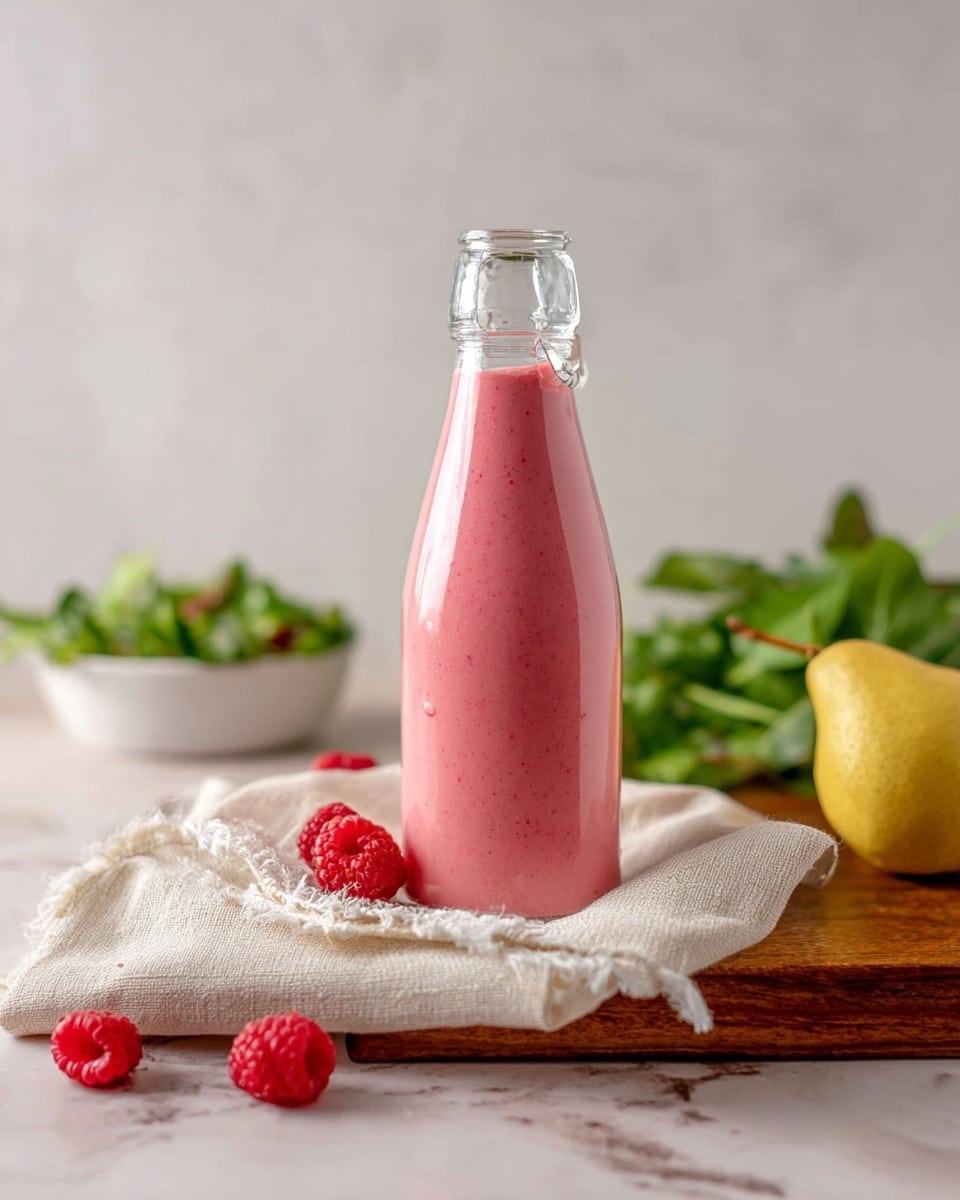 A tall clear glass bottle filled with smooth pink raspberry smoothie, standing on a folded light beige cloth on a wooden board, with a few fresh red raspberries placed on the cloth and around the board. In the background to the right, there is a yellow pear, some green leafy vegetables, and a white bowl filled with green salad on a white marbled surface. The background is plain and light with soft natural light. photo taken with an iphone --ar 4:5 --v 7