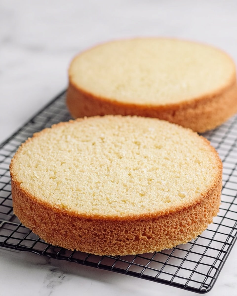Two round cake layers with a light golden brown crust and soft beige crumb are placed on a black wire cooling rack over a white marbled surface. The layers are thick and even, showing a smooth texture on top, with a slightly rough edge where they were sliced. The background is clean and bright, focusing attention on the simple cake layers. photo taken with an iphone --ar 4:5 --v 7