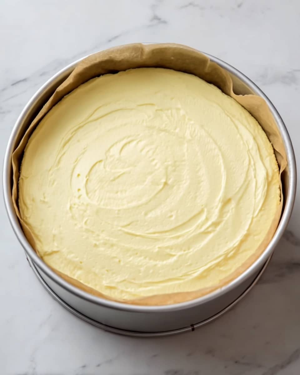 A round cake with one layer is shown inside a metal springform pan lined with parchment paper. The cake has smooth, thick, pale yellow frosting covering the entire top with gentle swirls visible. The pan sits on a surface with a white marbled texture. Photo taken with an iphone --ar 4:5 --v 7