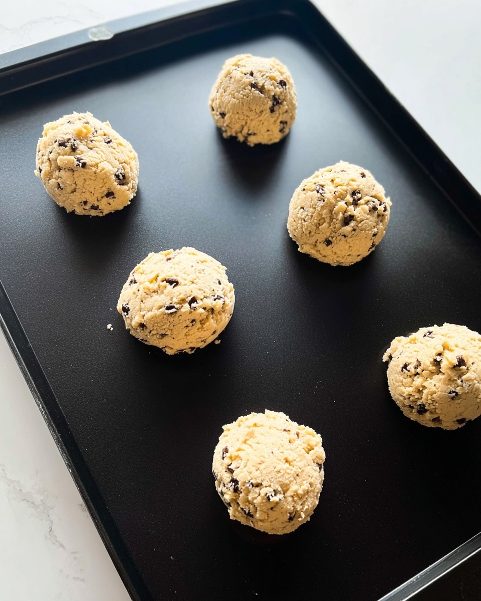 Five rough, round cookie dough balls with visible dark chocolate chips are spaced apart on a flat black baking sheet. Each dough ball is light beige with chunky, uneven texture and small dark spots from the chips. The black baking sheet has a matte finish and the scene is set against a white marbled surface. Photo taken with an iphone --ar 4:5 --v 7