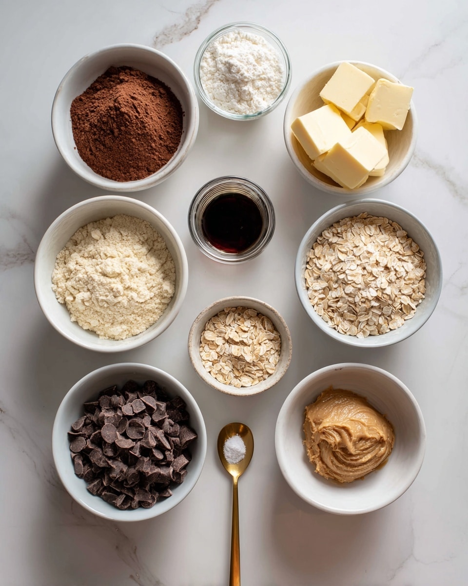 The image shows nine white bowls and a small jar arranged on a white marbled surface. The top row has three bowls: the left one filled with brown cocoa powder, the middle one with white flour, and the right one with two pieces of light yellow butter. The middle row has three bowls: left filled with light beige applesauce, middle with pale rolled oats, and right with light brown sugar. The bottom row has three bowls: left with dark chocolate chips, right with light brown peanut butter, and a brass spoon with a small amount of white salt resting next to a small glass jar of dark vanilla liquid. Each bowl and jar has a clear label showing its contents. Photo taken with an iphone --ar 4:5 --v 7