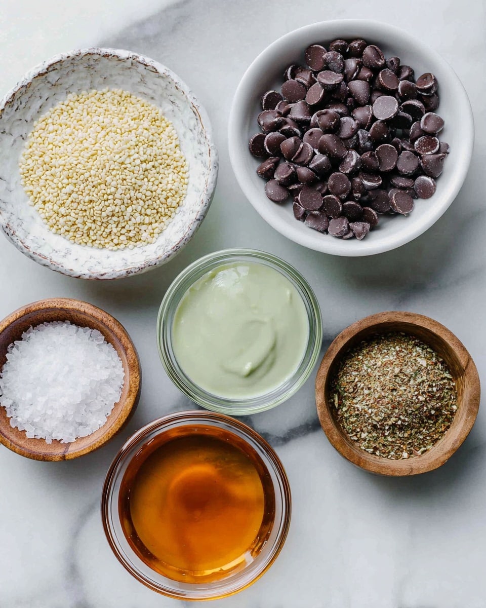 A top view of six small bowls and one small wooden bowl placed closely on a white marbled surface. The largest white bowl on the top right is filled with dark chocolate chips that have a smooth, shiny texture. To its left is a white bowl with a rough textured edge, filled with pale yellow and light beige sesame seeds. Below the chocolate chips is a clear glass bowl with a smooth pale green creamy substance. Beneath the sesame seeds is a small wooden bowl holding coarse white sea salt crystals. Next to the sea salt bowl is a clear glass bowl with amber-colored honey, and to the right of the honey is a white bowl filled with a mix of crushed spices that are brownish-green in color. Photo taken with an iphone --ar 4:5 --v 7