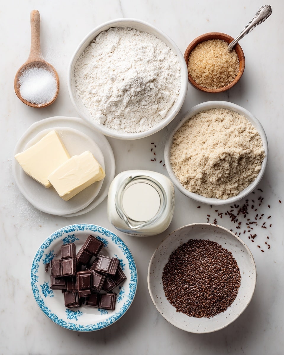 The image shows an arrangement of baking ingredients on a white marbled surface, featuring a large white bowl filled with white flour and a spoon resting inside it on the top right. Below it, a white bowl holds light brown brown sugar with a crumbly texture. To the right of the flour bowl is a smaller white bowl with finely ground flaxseeds, dark brown and granular. In the bottom center, a glass bottle filled with white milk is visible. On the bottom left, a white bowl with blue floral details contains dark chocolate pieces in small square chunks. Above this bowl, a white measuring cup holds light beige vanilla protein powder, sitting on a white plate alongside a stick of pale yellow vegan butter and some dark chocolate chunks. A small wooden bowl to the upper left holds baking powder and salt. The layout feels organized and clear. Photo taken with an iphone --ar 4:5 --v 7