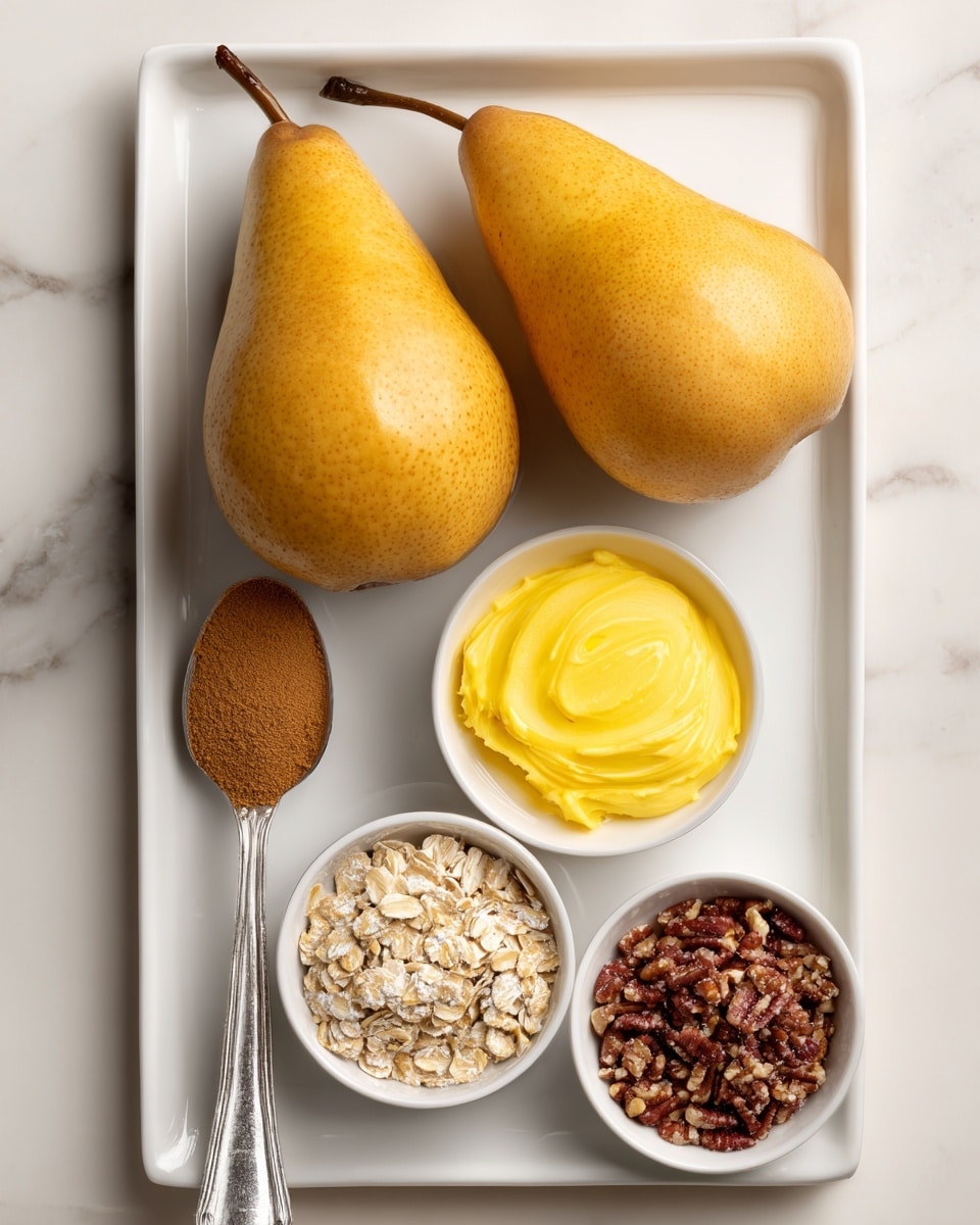 Two whole golden-brown pears with smooth skin are placed at the top center of a white tray, resting on a white marbled surface. Below the pears, there is a white small bowl filled with bright yellow dairy-free butter. To the left, a silver tablespoon holds a heap of fine brown cinnamon powder. At the bottom of the tray, a small white dish contains a mix of oats and chopped pecans, showing rough and varied textures in light beige and brown. Next to it, another small white dish holds a mound of dark brown sugar granules. The arrangement is neat and spaced, with each ingredient clearly visible. Photo taken with an iphone --ar 4:5 --v 7