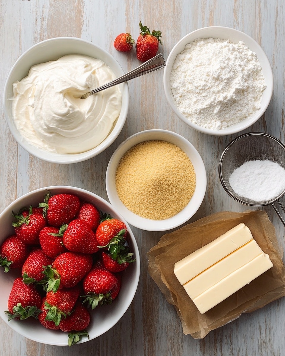 A top view of several bowls and ingredients placed on a white marbled surface, including one white bowl filled with creamy white whipped topping with a spoon inside, one white bowl filled with fine golden crumbs, one white bowl filled with white powdered sugar, a small white bowl with a block of cream cheese, a larger white bowl filled with fresh red strawberries with green leaves, and two sticks of pale yellow butter on wax paper next to a metal sieve with a wooden handle resting on the surface, photo taken with an iphone --ar 4:5 --v 7