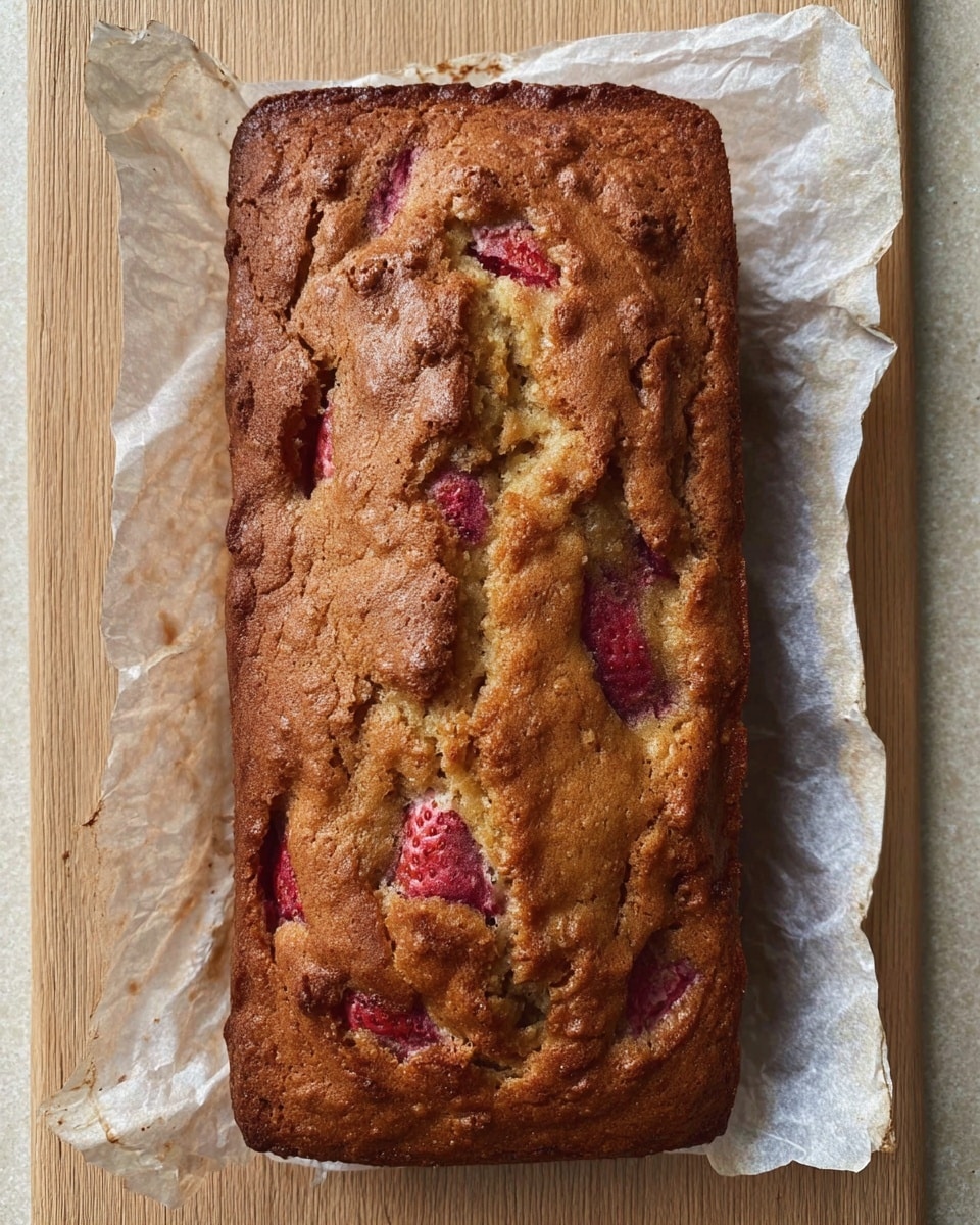 A rectangular loaf cake with a golden brown crust that appears slightly textured and uneven. The cake's surface shows cracks and visible pieces of fruit, likely strawberries, in shades of light pink and red peeking through the brown baked dough. The loaf is placed on crinkled white parchment paper, which rests on a light wooden board. The overall color mix is warm browns with hints of red and pink from the fruit. Photo taken with an iphone --ar 4:5 --v 7