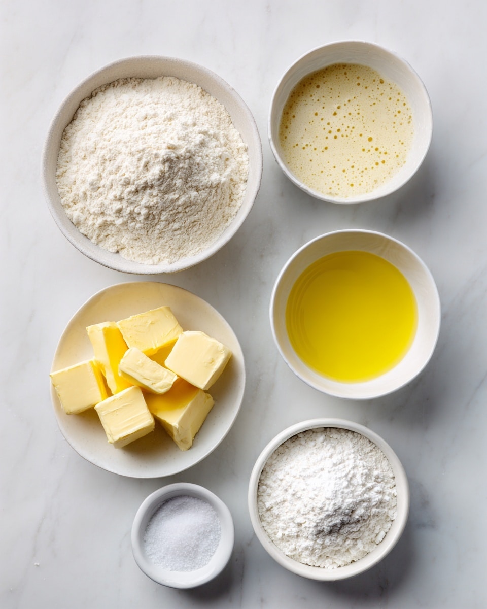Seven small bowls are arranged on a white marbled surface. The largest bowl in the center holds off-white all-purpose flour with a slightly crumbly texture. Above it, a bowl contains bubbly beige sourdough starter with small holes on its surface. To the right, there is a bowl filled with clear light yellow vegetable oil. On the left, a bowl has three chunky pieces of bright yellow butter. Below the butter, a small white bowl contains fine white sugar. At the bottom center, a bowl holds white salt with visible grain texture. Lastly, to the right of the salt, a bowl contains white baking powder with a powdery texture. The arrangement is neat and simple, photo taken with an iphone --ar 4:5 --v 7