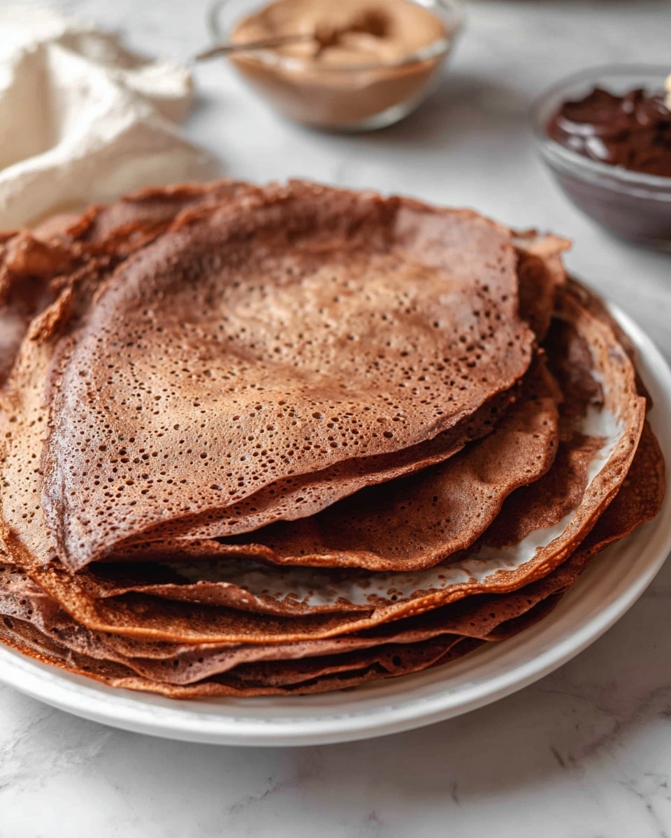 A stack of thin, round chocolate crepes with uneven edges sits on a white plate, each crepe layered one on top of the other with the top few crepes slightly folded over, showing their soft and slightly bubbly textured brown surface. The crepes have a mix of lighter and darker brown shades, with some areas showing a drier, matte look and others a smoother, shinier finish. In the background, there is a glass bowl of light brown spread and a small glass bowl of dark chocolate sauce, all placed on a white marbled surface. Photo taken with an iphone --ar 4:5 --v 7