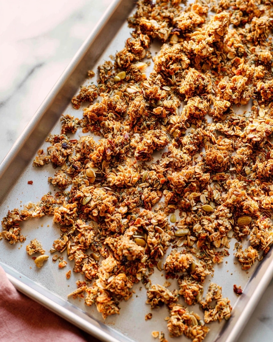The image shows a baking tray filled with clusters of toasted granola spread evenly across the surface. The granola pieces are small and irregularly shaped, featuring a mix of light brown, golden, and darker toasted colors, indicating a crunchy texture. Some pieces have visible oats and seeds, creating a natural, rustic look. The tray rests on a white marbled surface, and a soft natural light highlights the crispness of the granola clusters. Photo taken with an iphone --ar 4:5 --v 7