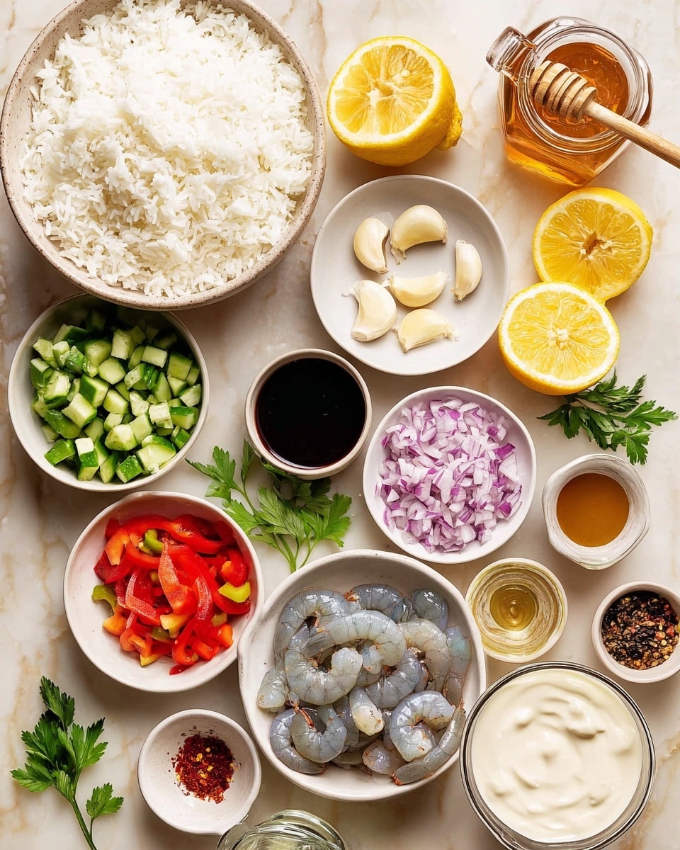 The image shows a flat lay of cooking ingredients arranged in white bowls and plates on a white marbled surface. In the top left, a large white bowl is filled with fluffy white rice, and beside it to the right, there is a small glass jar with honey and a wooden dipper inside. Next to the honey, there are two lemon halves with bright yellow flesh. Below the lemons, a small white bowl holds peeled garlic cloves. Nearby, another white bowl contains raw gray shrimp with shells on. At the bottom right, a white bowl is filled with finely chopped red onions, while to the left of it, a larger white bowl has a mix of chopped green cucumbers and red bell peppers. In the bottom center, a glass bowl contains a creamy white yogurt or sauce with a smooth texture. Scattered around are small white bowls with various ingredients: dark soy sauce, chili flakes, chopped green onions, fresh chopped herbs, and a beige-colored liquid in a glass measuring cup. A sprig of fresh parsley is placed near the bowls. The photo taken with an iphone --ar 4:5 --v 7