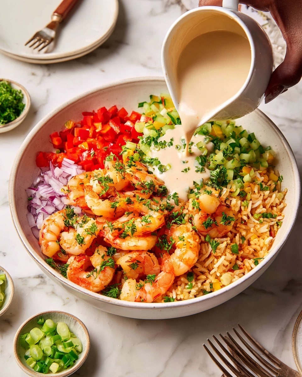 A white bowl on a white marbled surface holds a colorful shrimp rice bowl with several layers: the bottom layer is golden brown fried rice with a slightly crispy texture placed on the right side, followed by bright red chopped bell peppers and scattered green herbs on the left. In the middle, plump orange shrimp are arranged on top, sprinkled with green chopped parsley. Around the shrimp, a creamy beige sauce is being poured from a white small pitcher held by a woman's hand. There are small pieces of chopped cucumber and green onion rings at the bottom left, and diced red onion near the sauce. The scene also includes small bowls with chopped herbs and onions, with a wooden-handled fork resting on a white plate in the background. photo taken with an iphone --ar 4:5 --v 7