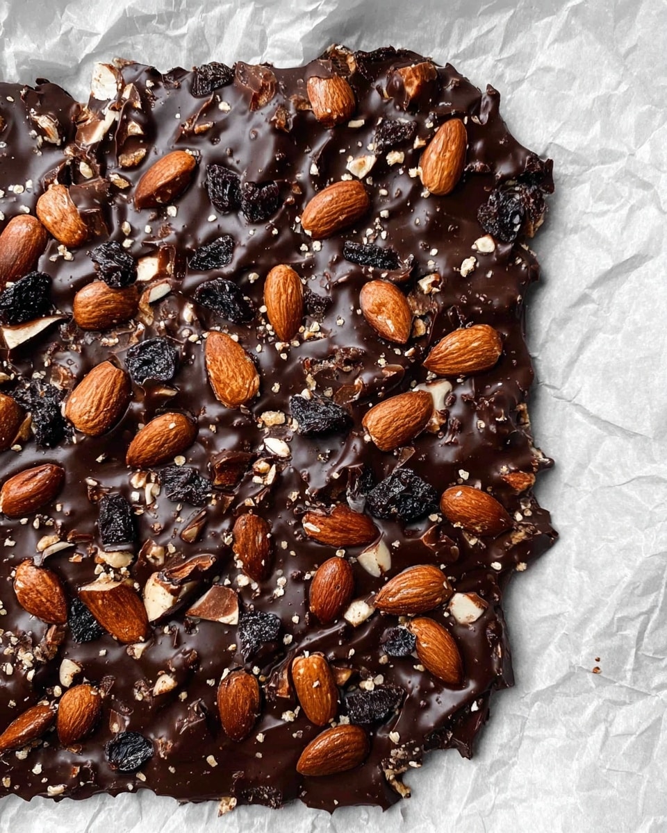 The image shows a large, uneven layer of dark chocolate bark spread on crumpled white parchment paper. The chocolate surface is glossy and thick, scattered with whole almonds, split almond slices, and small chunks of dried dark fruit, creating a rough texture with pops of brown and black. There are lightly sprinkled small pieces of nuts or seeds adding a textured look across the bark. The background is a white marbled texture. photo taken with an iphone --ar 4:5 --v 7