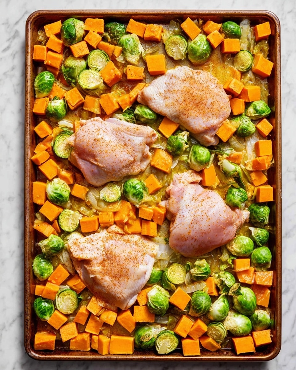 The image shows a baking sheet filled with four pieces of raw chicken thighs placed on a bed of chopped vegetables. The vegetables include bright green Brussels sprouts, some whole and some halved, and many cubes of orange sweet potatoes, spread evenly around the chicken. The chicken thighs have a light brown seasoning covering their smooth texture. The baking sheet is on a white marbled surface. photo taken with an iphone --ar 4:5 --v 7