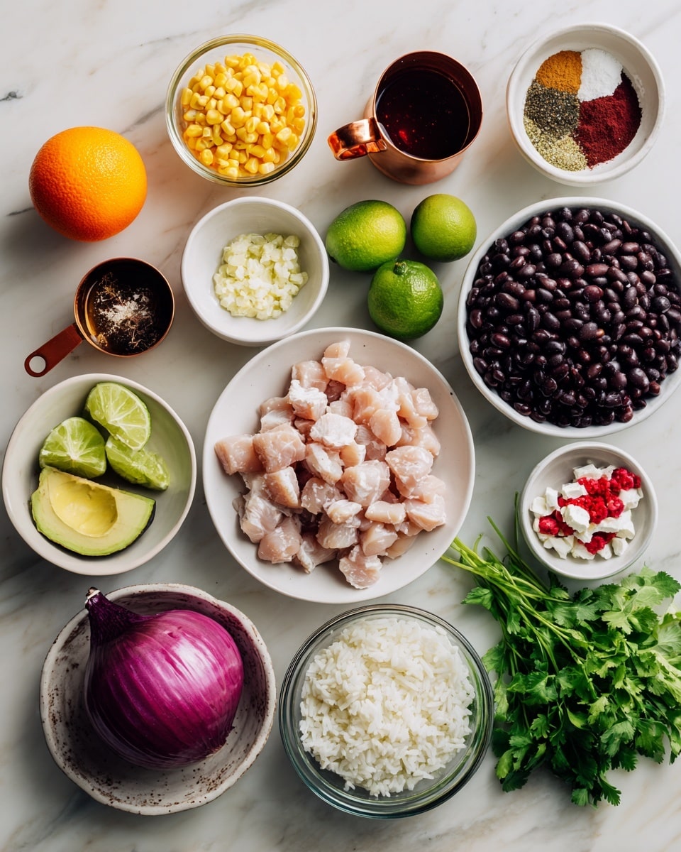 A collection of fresh ingredients are arranged neatly on a white marbled surface. In the center, there is one white plate filled with small, light pink chunks of chicken. Above it and slightly to the right, there is a small white bowl holding a mixture of spices in different colors: black, brown, green, white, and red. To the left of the spices, a small white bowl contains minced garlic, light beige in color with a smooth texture. Surrounding these, clockwise from top left: a whole orange with bright orange skin, a copper measuring cup filled with yellow corn kernels, a small jar of dark red hot honey, a whole green lime, a white bowl full of shiny, red grape tomatoes, a whole red onion with purple-red skin, fresh green cilantro sprigs at the bottom right, a small white cup of cotija cheese chunks, a sliced avocado with dark green bumpy skin, a copper measuring cup filled with glossy black beans, and a glass bowl of fluffy white rice with some red decoration at the bottom. The setup is simple and colorful, showing all the ingredients clearly. photo taken with an iphone --ar 4:5 --v 7
