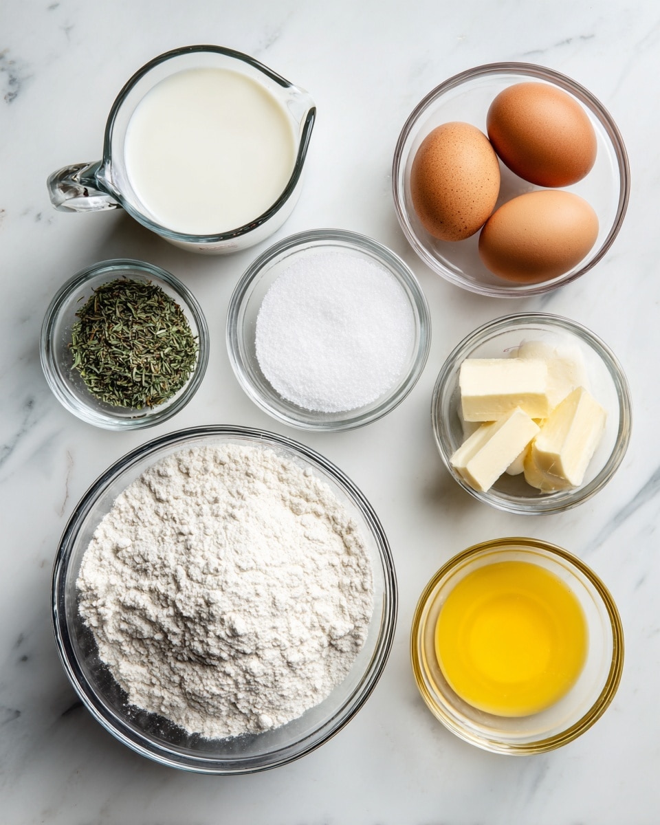 The image shows six clear glass bowls and a glass measuring cup arranged on a white marbled surface. One large bowl in the lower left contains white all-purpose flour with a slightly cracked surface. Next to it is a smaller bowl with white salt. A medium bowl to the right holds brown eggs with smooth shells, and above it is a small bowl filled with mixed dried green herbs. At the top left, the glass measuring cup is filled with white milk, and to its right, a small bowl contains yellow melted butter with a soft, smooth texture. Each container is neatly placed and labeled with simple black text on white backgrounds. photo taken with an iphone --ar 4:5 --v 7
