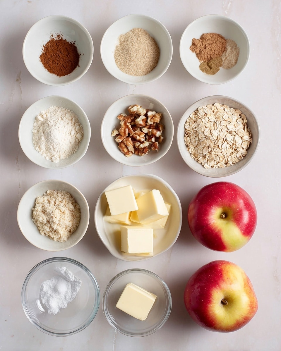 The image shows a flat lay of small white bowls and dishes arranged neatly on a white marbled surface, each containing different baking ingredients, along with two red and yellow apples. Starting from the top left, there are small piles of various spices in white bowls, including brown and beige powders. Below these are chopped nuts, oats, and brown sugar in separate white bowls. There are cubes of pale yellow butter in a small white dish near the bottom with another cube in a clear round bowl beside it. The two apples sit side by side on the right side of the image, with shiny red and yellow skin. Each ingredient is clearly separated, making the layout clean and organized. photo taken with an iphone --ar 4:5 --v 7