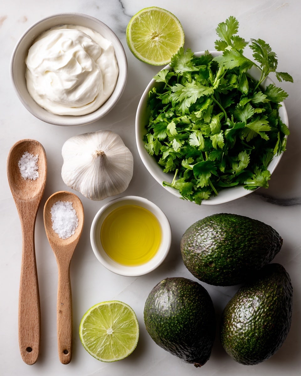 The image shows ingredients for a fresh avocado sauce laid out on a white marbled surface. There are two whole dark green avocados with a bumpy texture at the bottom right. Above them is a lime cut in half showing its light green juicy interior. To the right, there is a white bowl full of bright green cilantro leaves with a leafy texture. Above the center are two whole garlic cloves with a smooth white surface. To the left, a small white bowl holds thick white sour cream. Below that, a wooden measuring spoon holds golden olive oil with a shiny surface, and next to it, another wooden spoon holds coarse white salt. The arrangement is neat and spaced out clearly. Photo taken with an iphone --ar 4:5 --v 7