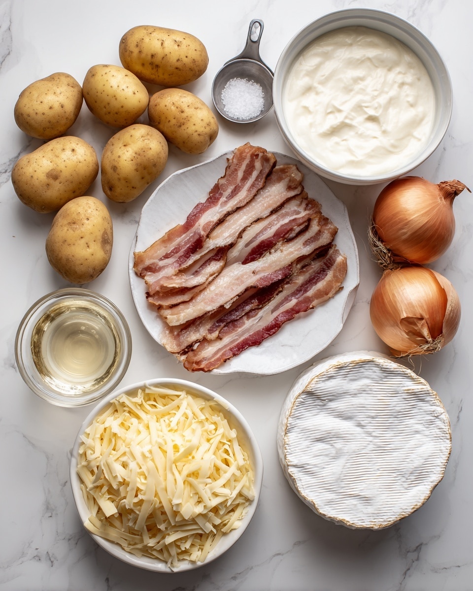 The image shows several cooking ingredients arranged on a white marbled surface. In the upper left corner, there are five whole yukon gold potatoes with a smooth, light brown skin. Near the top right, a white bowl contains heavy cream, appearing thick and white, next to a metal measuring spoon filled with salt. In the center right, a white plate holds several strips of raw bacon with visible layers of pink meat and white fat. Below that, two whole onions with orange-brown skin rest side by side. In the lower left corner, a white bowl is filled with shredded gruyere cheese, creamy and pale yellow in color. To the left of the onions, a small white bowl contains white wine with a pale golden tint. Finally, near the bottom right, a round wheel of camembert cheese with a white rind is placed directly on the surface. photo taken with an iphone --ar 4:5 --v 7