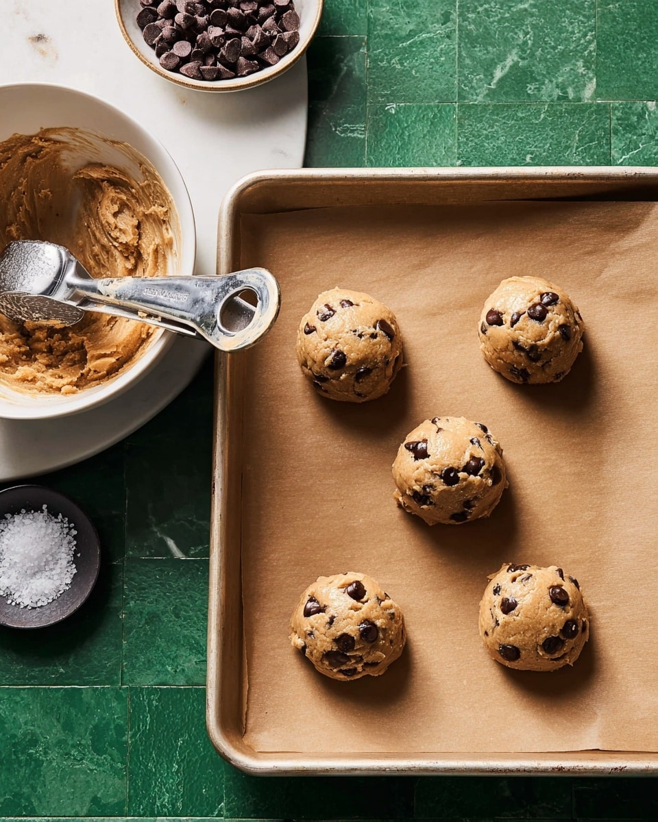The image shows five round dollops of light brown cookie dough with dark chocolate chips inside, placed evenly on a baking tray lined with light brown parchment paper. Above the tray is a large white bowl holding more of the same cookie dough, with a metal cookie scoop resting inside the dough. On the top left corner, there is a small white bowl filled with dark chocolate chips and beside it a small dark gray dish containing coarse salt. The whole setup is on a green tiled surface with a white marbled board partially visible under the white bowl. photo taken with an iphone --ar 4:5 --v 7