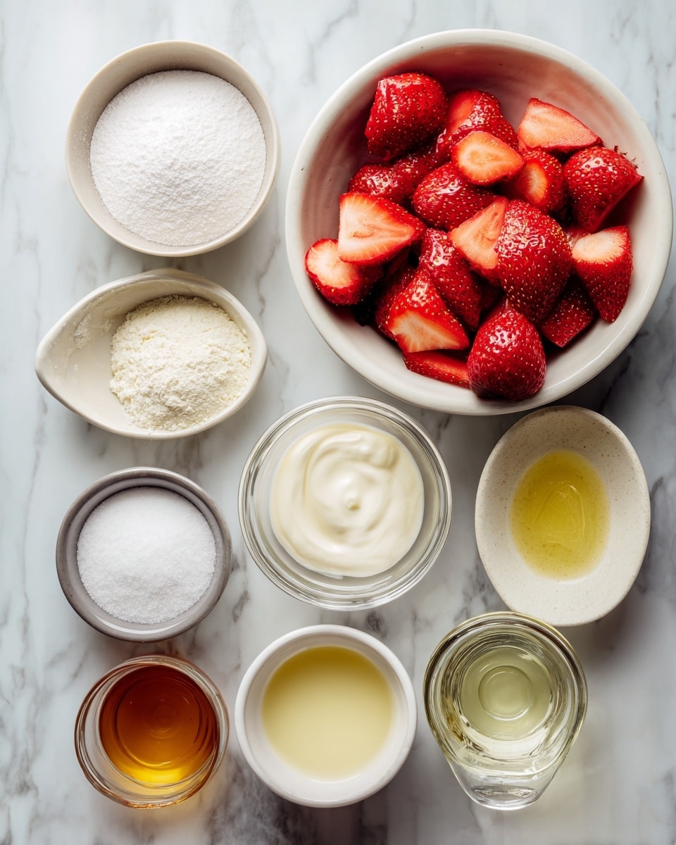The image shows a top view of several small white bowls and a clear glass jar placed on a white marbled surface. In the center, there is a white bowl filled with bright red strawberries sliced into halves. Around it, there are seven small bowls and containers holding different ingredients: a bowl filled with white sugar, a bowl with white corn flour, a thicker creamy white liquid in a clear glass jar, a bowl with transparent egg whites, a small bowl with white icing sugar, a small oval glass dish with clear lemon juice, and a small white bowl with golden vanilla extract. Each bowl has a smooth texture, and the ingredients vary in color and consistency, ranging mainly from white to red to pale yellow. Photo taken with an iphone --ar 4:5 --v 7