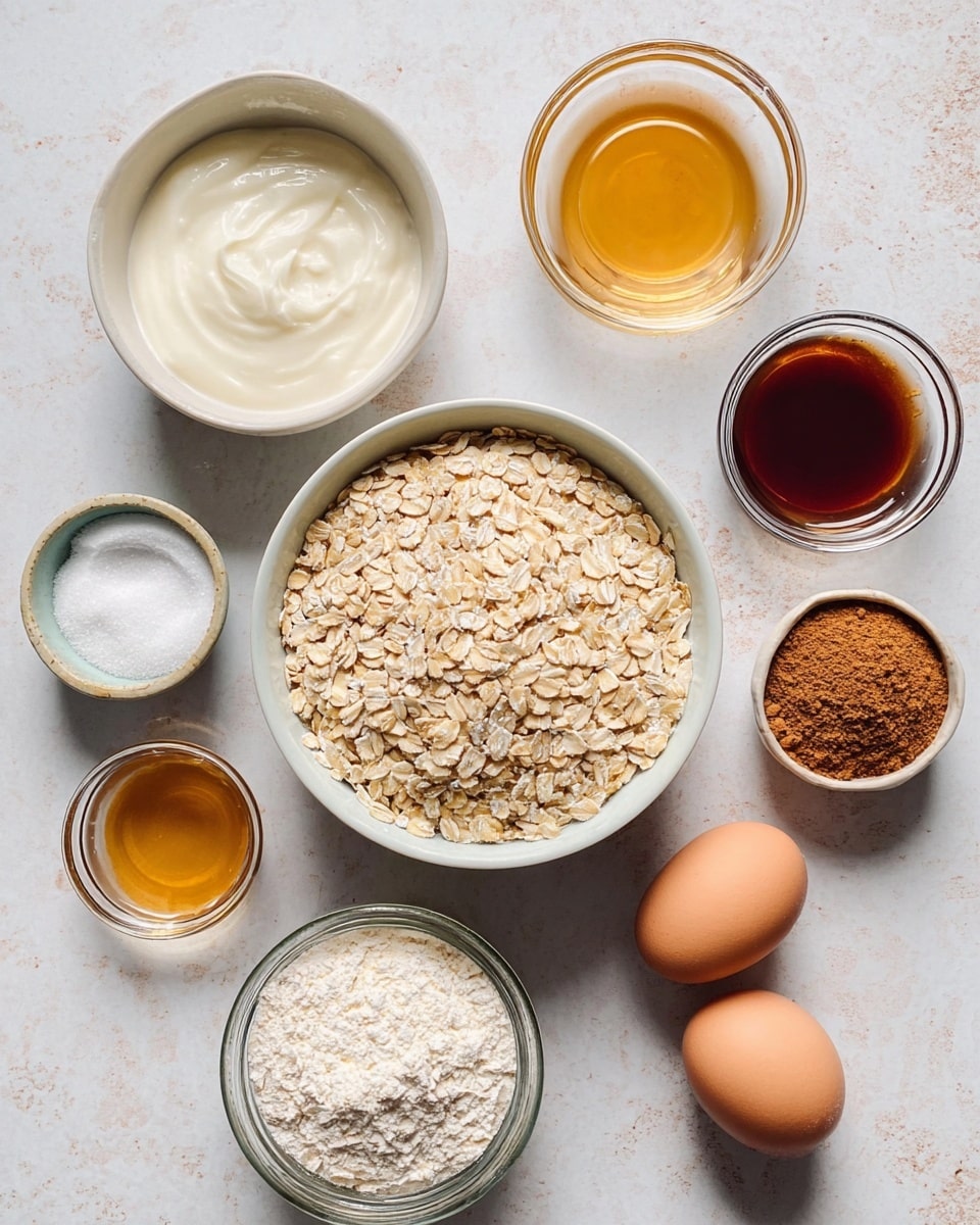The image shows various ripe cooking ingredients set on a white marbled surface. In the center is a white bowl full of dry, light beige rolled oats. Surrounding it are small bowls with different contents: a bowl with creamy white yogurt, a bowl with a dark brown liquid, a glass bowl with golden honey, a small bowl with white flour, a small bowl with white salt, and a jar filled with brown cinnamon powder. On the right side of the image, there are two light brown eggs placed directly on the surface. The overall setup is clean and neatly arranged, with a bright and natural light shining on the ingredients. Photo taken with an iphone --ar 4:5 --v 7
