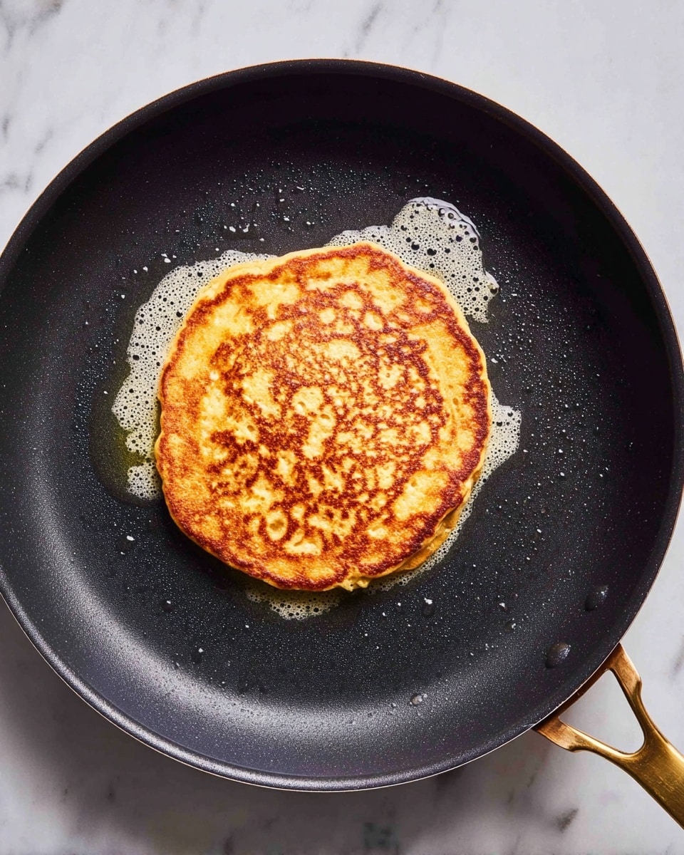 A single golden-brown pancake sits centered in a black non-stick frying pan with small bubbles and a few areas showing melted butter around it; the pancake has a slightly uneven round shape with darker toasted spots and small holes across its cooking surface, giving it a textured look. The frying pan handle is metallic gold, and the background is a white marbled texture. photo taken with an iphone --ar 4:5 --v 7