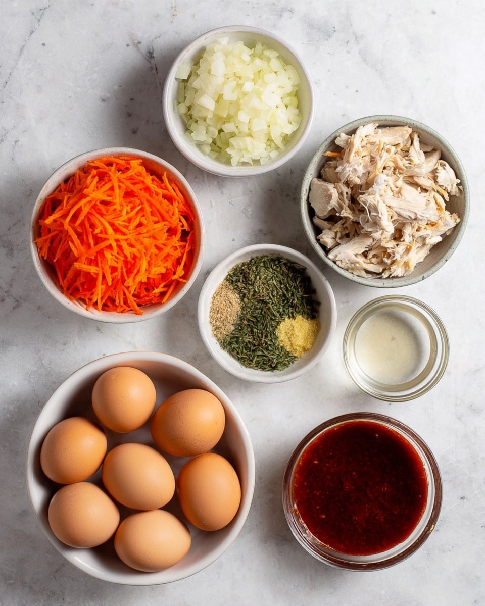 The image shows seven different small bowls arranged on a white marbled surface. The top left bowl contains bright orange shredded carrots, the middle left bowl has small white diced onions, and the top right bowl holds shredded light beige cooked chicken. Below these, a small bowl in the center holds green and pale yellow dried herbs. To the right of it is a small bowl with clear liquid. At the bottom left, a larger white bowl is filled with seven whole brown eggs, and the bottom right bowl contains a thick deep red sauce. Each bowl is full and distinctly separated, showing the different colors and textures of the ingredients. Photo taken with an iphone --ar 4:5 --v 7