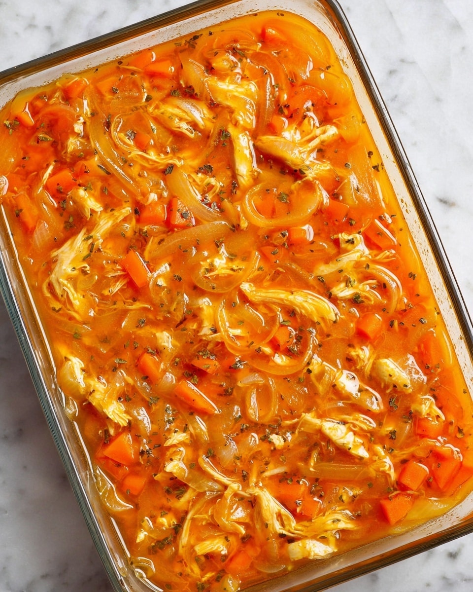 A clear glass baking dish filled with a thick orange sauce containing shredded white meat, thinly sliced translucent onions, and small pieces of bright orange carrots evenly mixed throughout. The sauce has a glossy texture with specks of black pepper and herbs sprinkled on top. The background is a white marbled surface. photo taken with an iphone --ar 4:5 --v 7