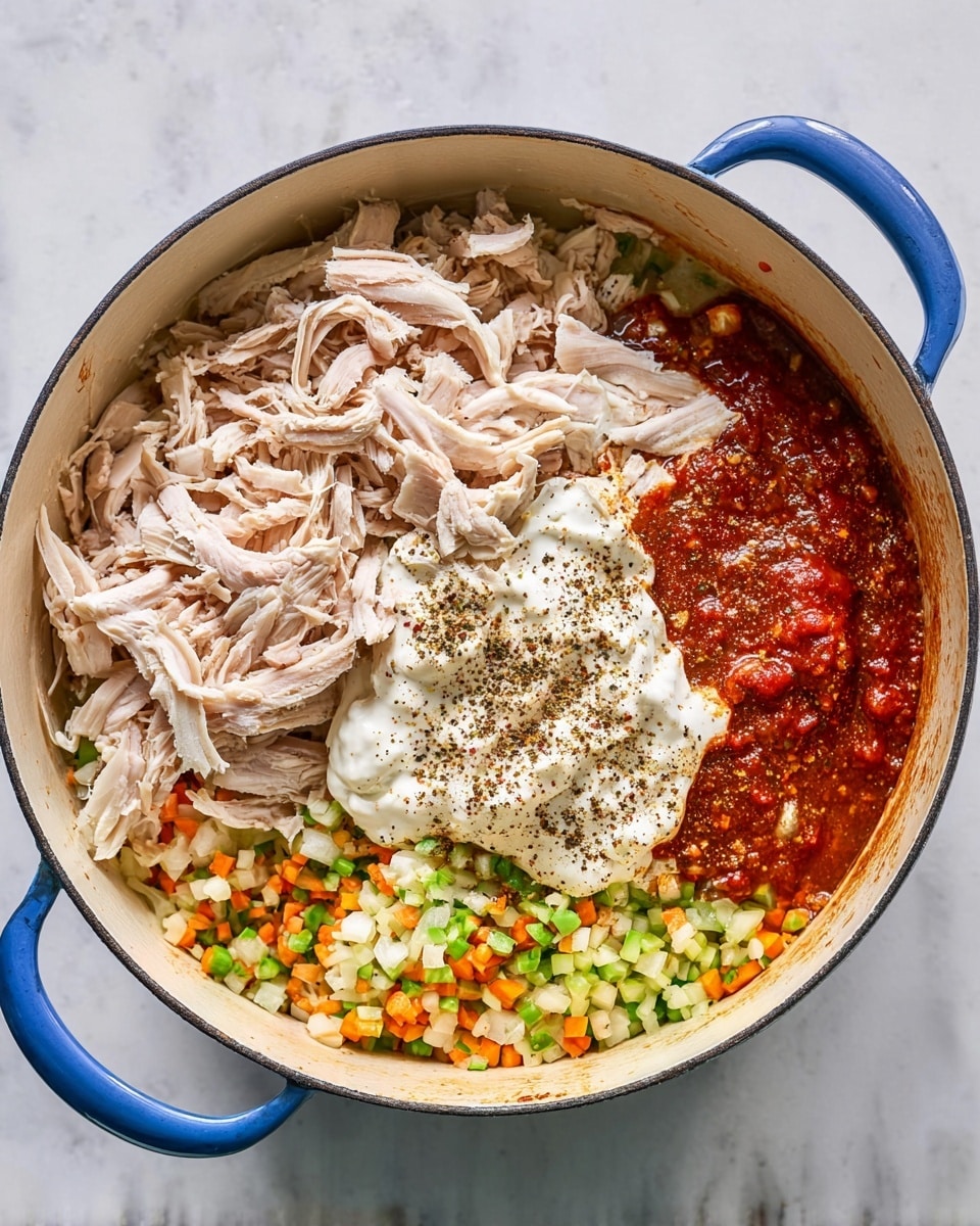 The image shows a white pot with blue handles filled with different layers of ingredients. At the bottom, there are finely chopped vegetables in green, orange, and white colors spread evenly. On top of this, there is a large portion of shredded light pink chicken placed on the left side. To the right of the chicken, there is a pile of white cream, sprinkled with some black pepper and brown spices. Next to the cream, a thick layer of red sauce with small bits of vegetables is visible. The pot is placed on a white marbled surface. Photo taken with an iphone --ar 4:5 --v 7