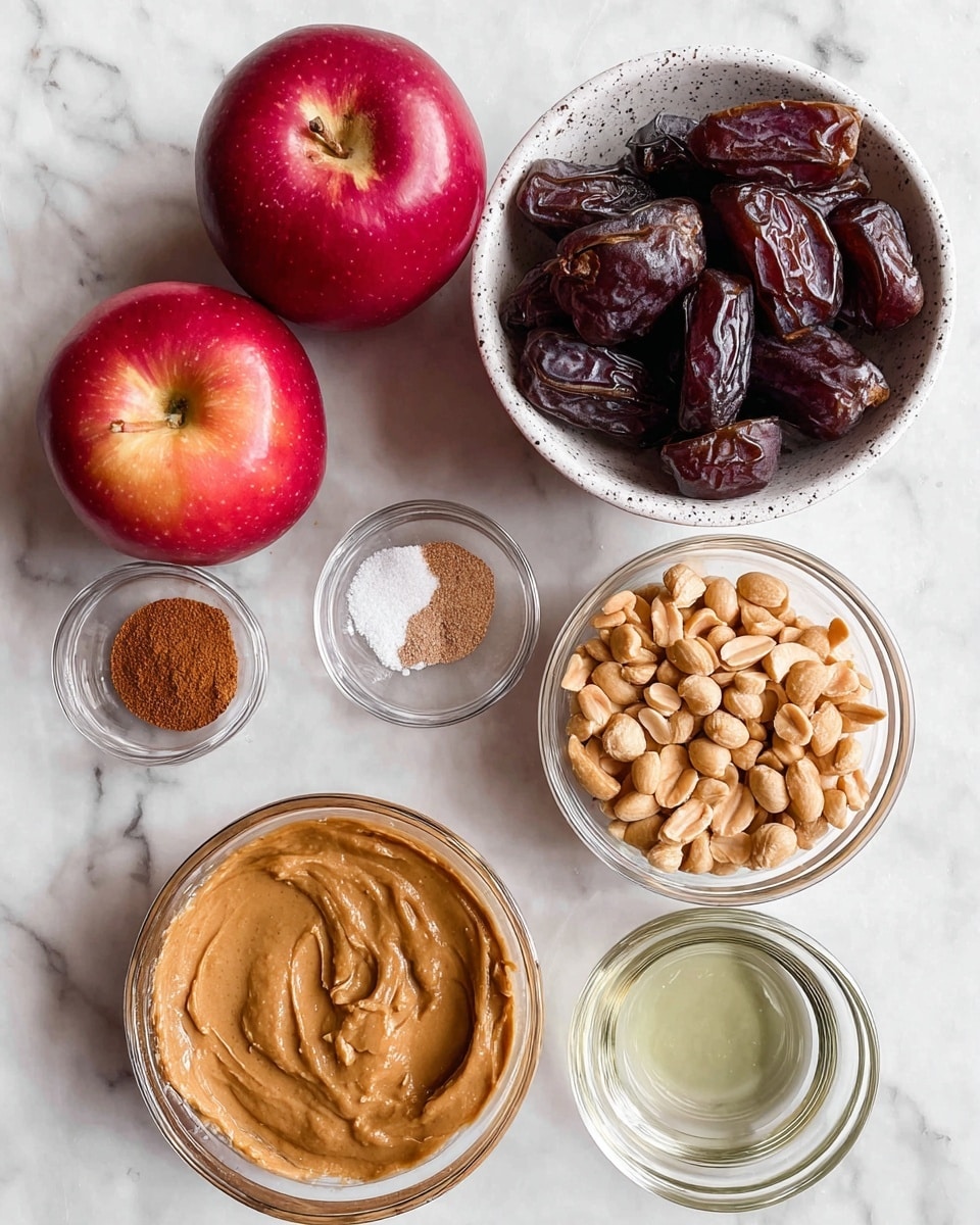 The image shows seven separate ingredients arranged on a white marbled surface. There is a white speckled bowl filled with dark brown, wrinkled dates at the top right. To the left are two red apples with light and shiny skins, close together. Below the dates are two small clear glass bowls, one with brown cinnamon powder and the other with white salt. Below the apples and near the center left is a larger clear glass bowl filled with creamy, light brown peanut butter with a textured surface. At the bottom right, there is another clear glass bowl filled with salted peanuts that are light brown with some reddish bits. Near the center right, there is a small clear glass bowl with a transparent liquid, likely oil. All items are well spaced on the white marbled background. photo taken with an iphone --ar 4:5 --v 7
