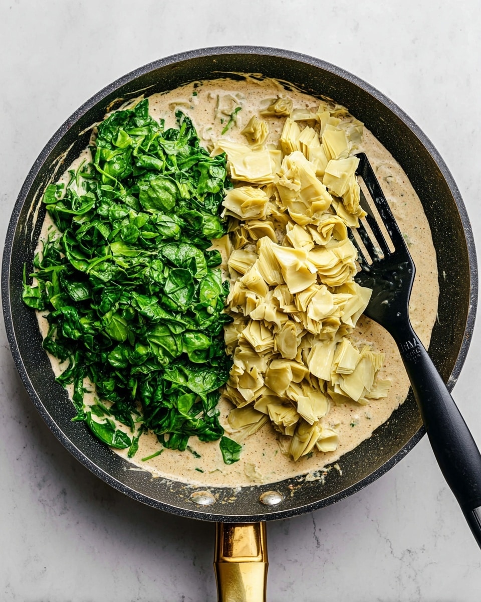 In a black pan with a golden handle, there is a creamy light beige sauce covering the bottom layer. On top of the sauce, there are two main ingredients placed side by side: on the left, a large mound of chopped fresh dark green spinach leaves with a textured and leafy surface, and on the right, a pile of pale yellow chopped artichoke hearts with a soft, slightly fibrous look. A black slotted spatula rests on the right side of the pan, partially on top of the sauce and spinach. The pan is on a white marbled surface. photo taken with an iphone --ar 4:5 --v 7