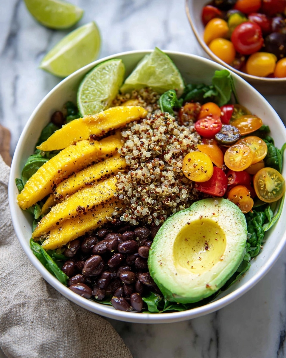 A white bowl filled with fresh salad shows four main layers: at the bottom is dark green leafy spinach, followed by a layer of black beans and yellow corn mixed with light brown and beige quinoa grains; on top of this is a fan of bright yellow mango slices sprinkled with coarse salt and black pepper, placed off-center; to one side, half of an avocado with a smooth light green interior and darker green skin rests beside lime wedges with bright green skin and pale inside; scattered around the top are halved small tomatoes in red, orange, and yellow colors. The bowl sits on a white marbled surface with part of another white bowl holding halved cherry tomatoes in red, yellow, and dark purple visible in the background. Photo taken with an iphone --ar 4:5 --v 7
