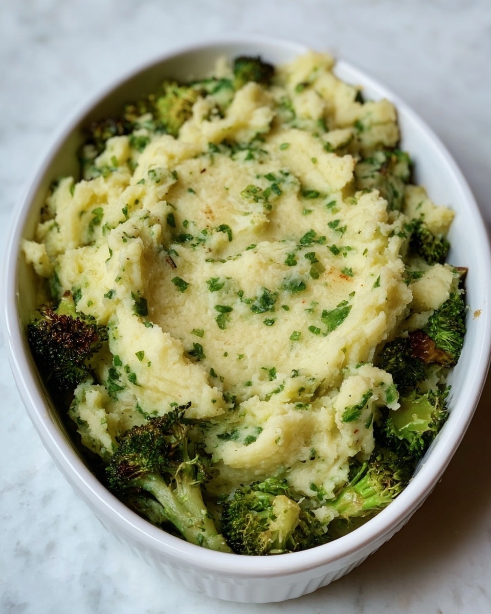 A white dish filled with two visible layers: the bottom layer has small pieces of green roasted broccoli with slightly browned edges, while the top layer is a thick, creamy mashed potato mixed with green herbs, forming a rough, soft textured mound that covers most of the broccoli. The mashed potato layer is pale yellow with small green flecks, giving it a fresh, slightly chunky look. The dish sits on a white marbled surface. photo taken with an iphone --ar 4:5 --v 7