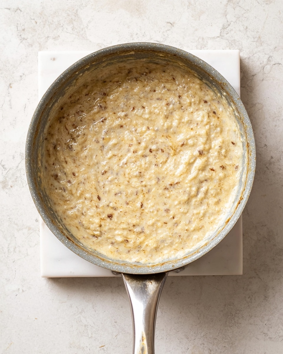 A top-down view of a metal pan resting on a white marbled square tile, containing a thick, creamy dish with a rough texture. The dish is mixed thoroughly and shows a pale yellowish-beige color with small brown bits evenly spread across the surface, giving it a speckled look. The edges of the pan have some residue of the mixture, and the handle appears worn with slight staining. The background is a white marbled texture. photo taken with an iphone --ar 4:5 --v 7