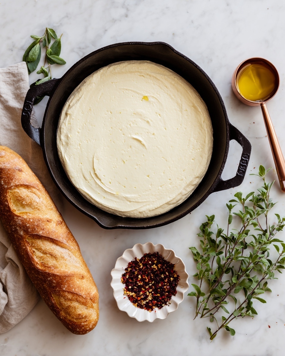 A black cast iron pan sits on a white marbled surface, filled with one thick, smooth, round layer of provolone cheese that is pale yellow and creamy in texture. Next to the pan, on the right side, is a shiny copper measuring spoon holding golden olive oil. Below that, a small white scalloped bowl contains dark red and brown red pepper flakes. To the lower right is a sprig of fresh oregano with small green leaves. On the left side, a fresh baguette with a golden crust rests on the surface. The light is soft and natural. photo taken with an iphone --ar 4:5 --v 7