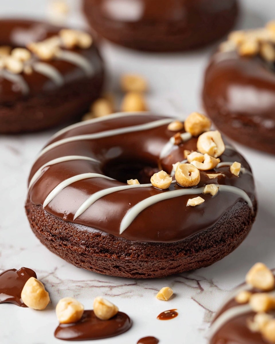 A chocolate donut with a dark brown, smooth, shiny chocolate glaze covers the top, sitting on a soft, dense chocolate cake base. Three lines of white drizzle run across the top layer, with a small pile of chopped light brown hazelnuts placed over the white drizzle near one side. Around the donut, there are scattered hazelnut pieces and blurred similar donuts in the background on a white marbled surface. A few blobs of chocolate with white drizzle are also spread near the donut. The overall look is rich, smooth, and layered with chocolate and nuts. photo taken with an iphone --ar 4:5 --v 7