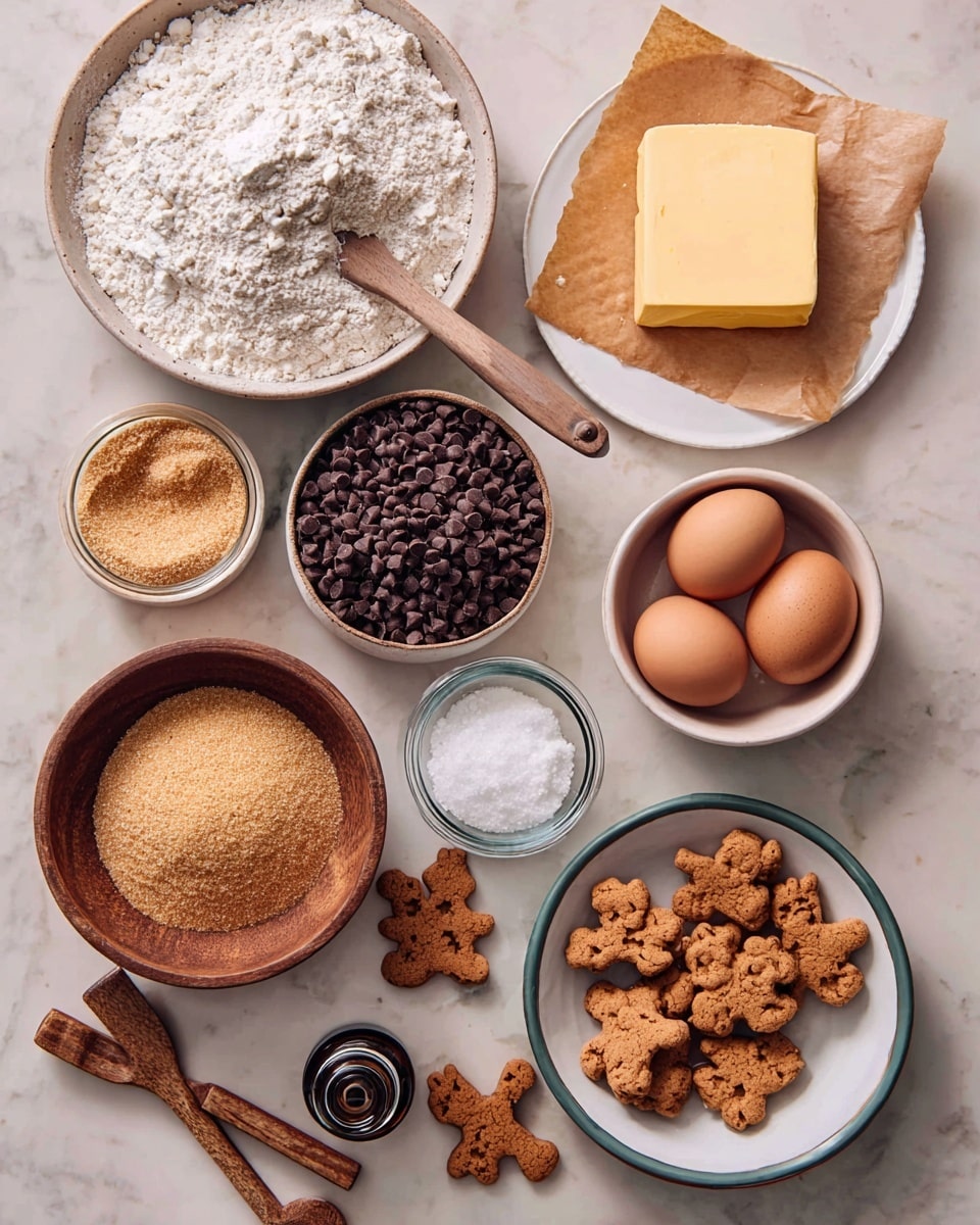 A top view of various baking ingredients arranged neatly on a white marbled surface. There is a large bowl filled with white flour with a wooden spoon resting inside at the bottom left. Above it, a white plate holds a square block of pale yellow butter resting on brown parchment paper. To the right, a white bowl is filled with dark brown chocolate chips. Near the center, a small wooden bowl contains fine white salt, and next to it, a clear glass jar is filled with light brown sugar with a small wooden spoon inside. A white bowl holds three brown eggs toward the top right. At the lower right, a round bowl has small brown animal-shaped cookies with a few scattered on the surface nearby. Two wooden measuring spoons sit crossed on the left, and a small dark bottle of vanilla extract is placed near the bottom center. All items are neatly spaced, creating a warm and welcoming baking setup. photo taken with an iphone --ar 4:5 --v 7