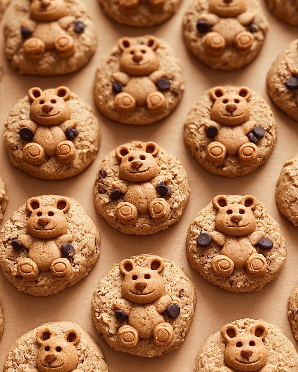 The image shows many round cookies with a light brown color and a rough, crumbly texture. Each cookie has small dark chocolate chips and light brown nut bits embedded inside. On top of every cookie, there is a small, flat bear-shaped biscuit with detailed facial features and paws, matching the cookie's light brown shade. The cookies are placed closely together on a smooth sheet with a light tan color. The layout is neat with the cookies evenly spaced in rows. photo taken with an iphone --ar 4:5 --v 7
