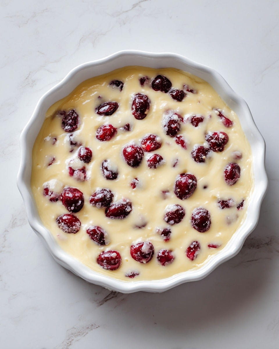 A white scalloped pie dish filled with a creamy pale yellow batter, dotted throughout with whole dark red cherries and some slightly frosted, giving a textured look where the fruit bursts through the smooth batter layer. The dish rests on a white marbled surface, creating a clean and simple background that contrasts with the rich colors of the cherries and batter. Photo taken with an iphone --ar 4:5 --v 7