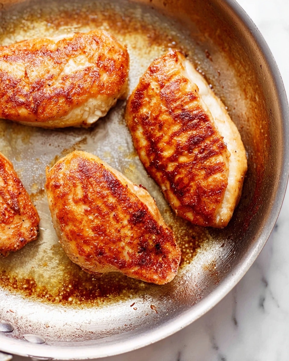 The image shows three pieces of cooked chicken in a metal pan placed on a white marbled surface. Each piece of chicken has a golden-brown color with crispy edges and a slightly rough texture. The pieces are arranged closely together, with two smaller pieces near the left side and one larger piece on the right side of the pan. There are brown sear marks and some oil residue scattered on the pan's surface, adding a slightly shiny look to the chicken. Photo taken with an iphone --ar 4:5 --v 7